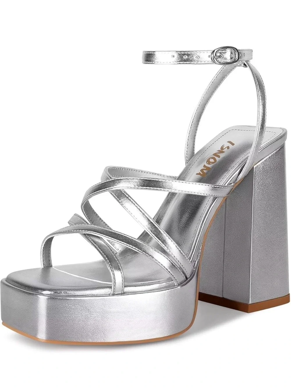 Silver Strappy Block Heel Sandals - Women